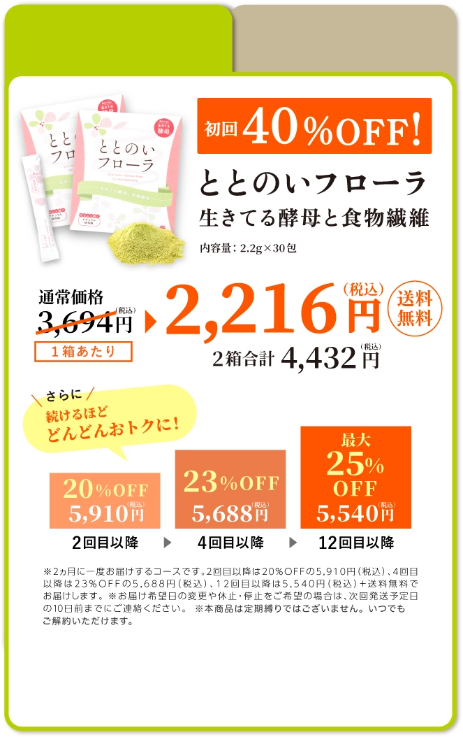 ＜2箱定期隔月お届け＞ととのいフローラ生きてる酵母と食物繊維30包